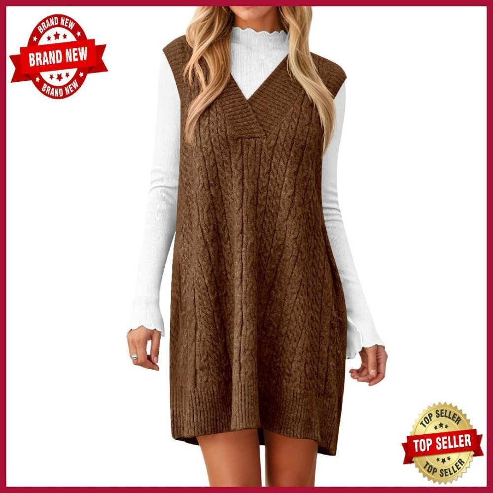 Oversized Sweater Vest Dress V-Neck Sleeveless Cable Knit Mini